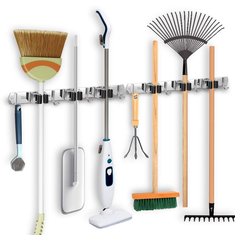 IMILLET 2 Pack Broom and Mop Holder Wall Mounted, Stainless Steel Broom Holder Mop Holder Self Adhesive Heavy Duty Hooks Storage Organizer for Home Laundry Room Garden Garage Closet Kitchen - Image 1